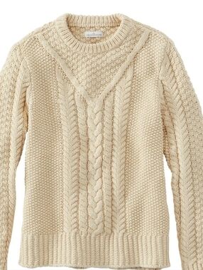 L.L. Bean Women's Cotton Fisherman Cable Knit Crewneck Sweater in Beige Size XL